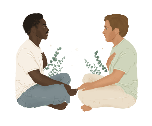 Illustration of two people sitting cross-legged facing each other